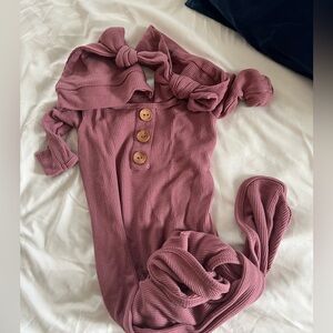 Caden Lane plum Baby Gown hat and bow